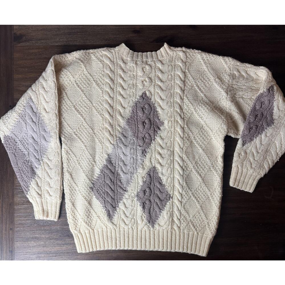 Vintage 100% Wool Sweater Adults XL Yellow Cable Knit Fisherman Pullover Chunky - Picture 2 of 6